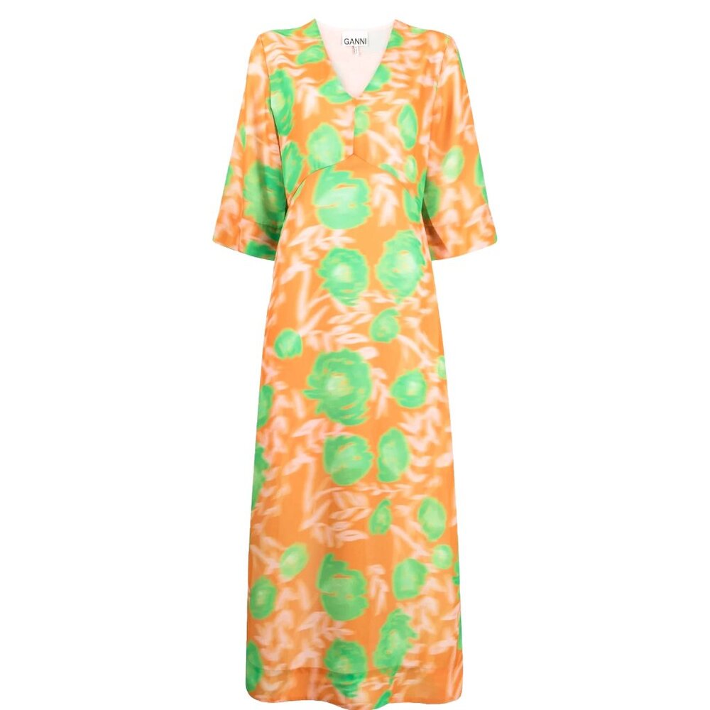 Ganni Orange/Green Floral Print Crepe V-neck Midi Dress XXS 32 NWT MSRP $325